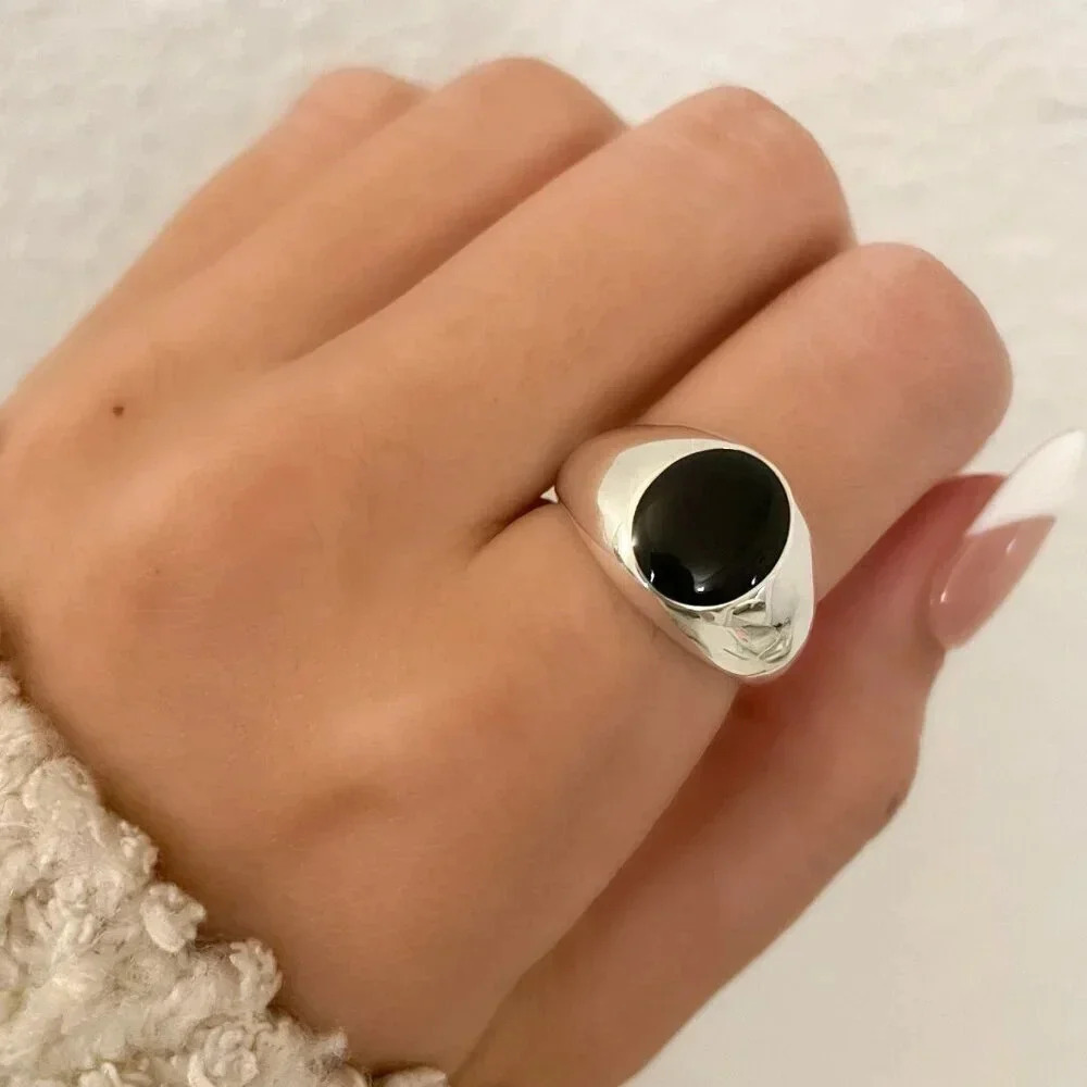 925 Sterling Silver Black Oval Ring Chunky Ring Statement Ring Round Circle Ring